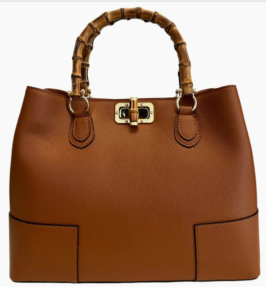 Bamboo handle Leather handbag