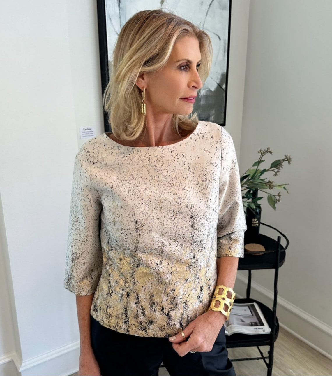 Jennifer Top in Splatter Ivory, Gold, & Black – Connie Roberson